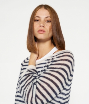THIN KNIT SWEATER STRIPE ECRU/NIGHT SKY