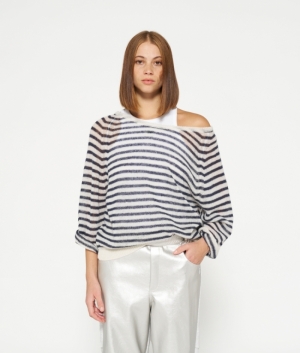 THIN KNIT SWEATER STRIPE ECRU/NIGHT SKY