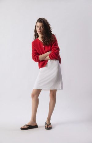 GILET COURT ML COL ROND BOUTONNEE CARMIN/CHINE